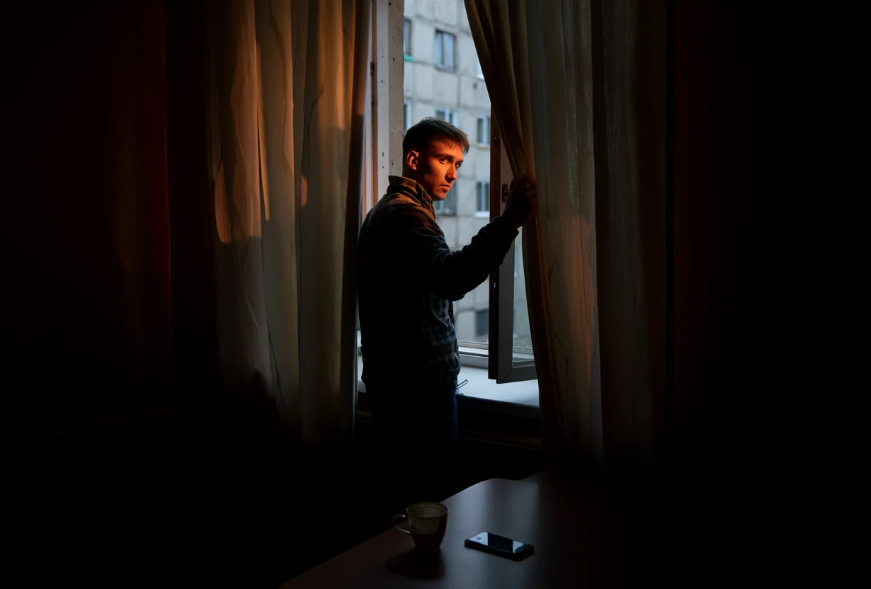 Мужчина смотрит в окно